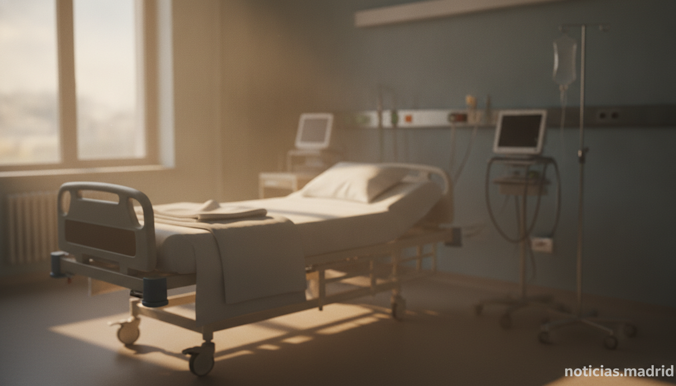 Symbolic photograph of a quiet hospital room with warm morning light filtering through a window, empty bed with white shee...