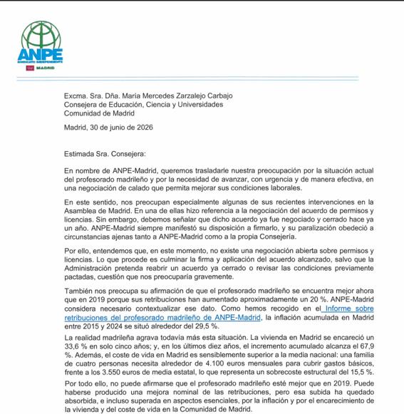 ANPE-Madrid pide negociación urgente a Consejería de Educación