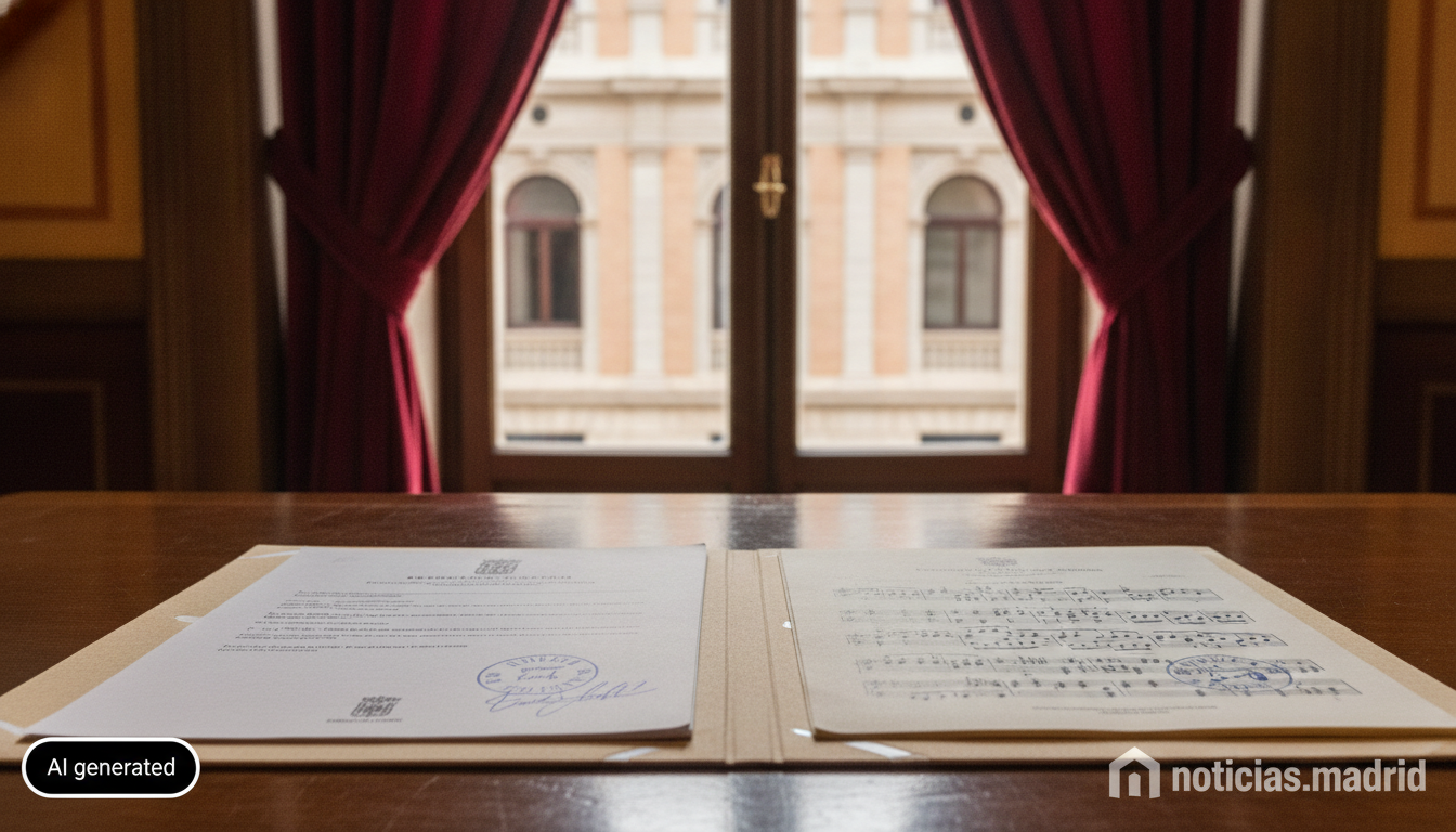 Editorial photo, close-up of official administrative documents and a music score on a wooden desk, with an out-of-focus th...