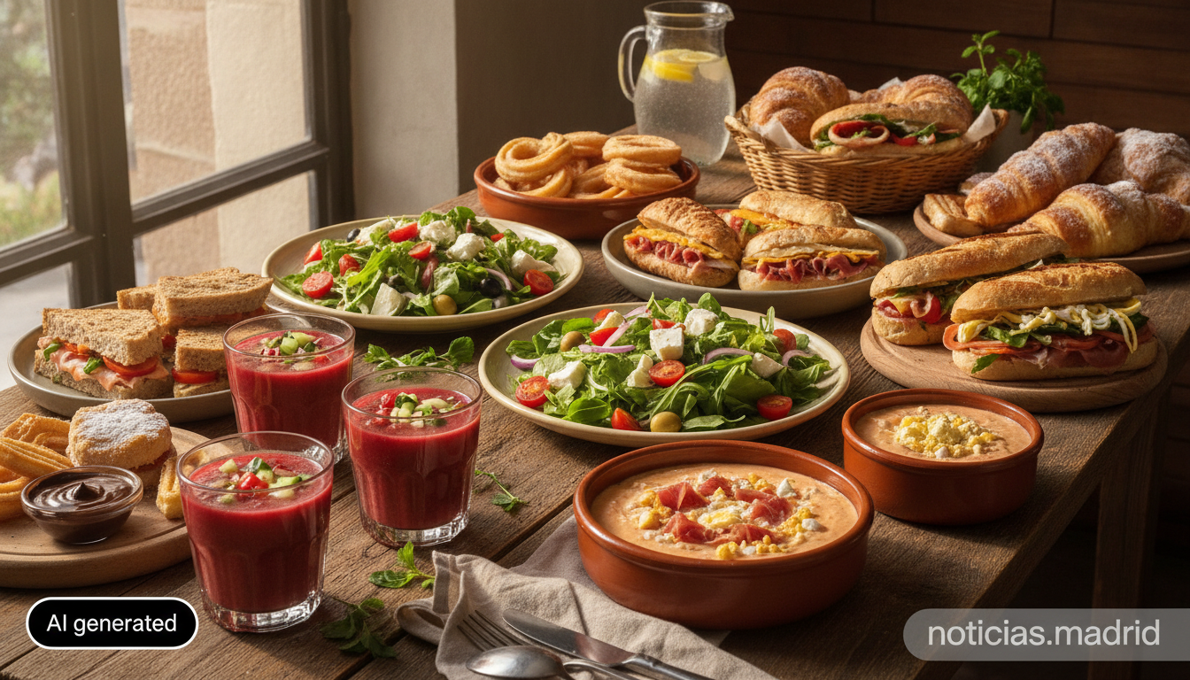 Realistic photojournalistic food photography: a table with fresh Spanish summer prepared dishes, gazpacho in glasses, salm...