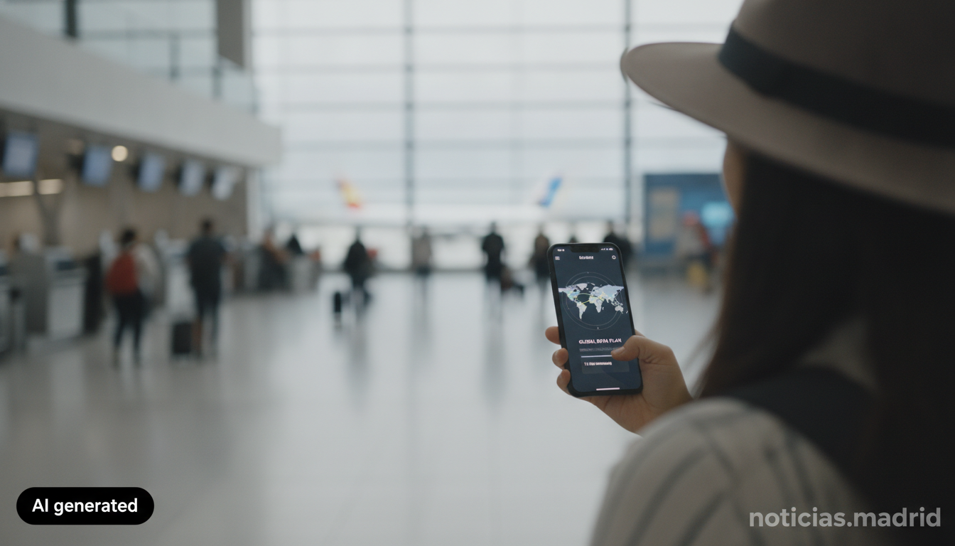Realistic photojournalistic scene: a traveler at an airport checking a banking app on a smartphone showing a mobile data p...