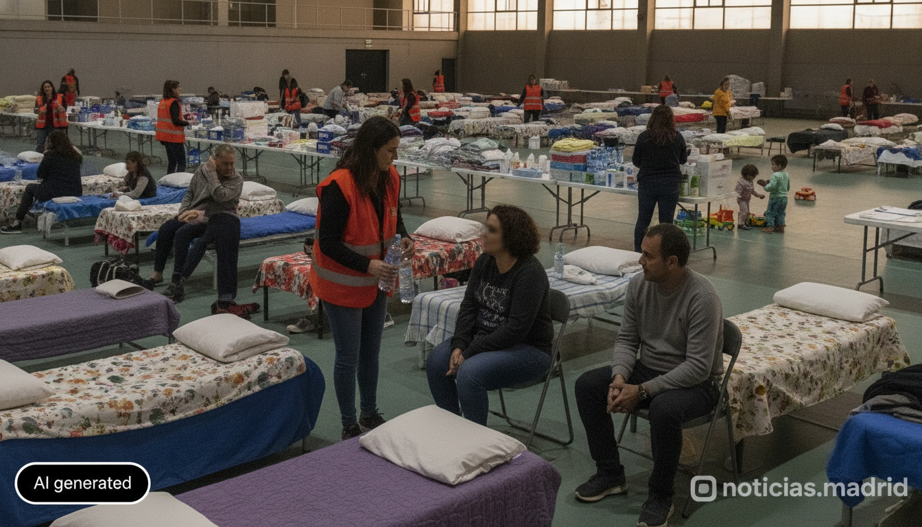 Realistic photojournalistic scene: inside a municipal sports center used as an emergency shelter, volunteers and support s...