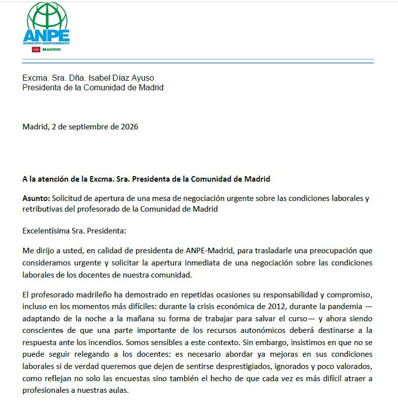 ANPE-Madrid Exige Negociación Inmediata con la Presidenta para Mejorar Condiciones Docentes