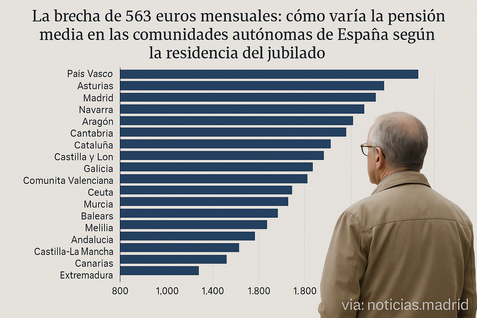 La brecha de 563 euros mensuales: cómo varía la pensión media en las comunidades autónomas de España según la residencia del jubilado