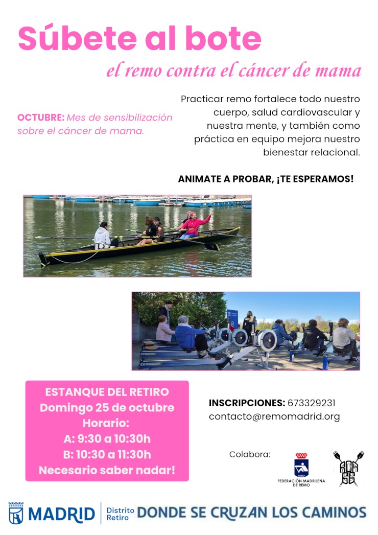 Abiertas las inscripciones para 'Súbete al bote': Jornada gratuita de remo en apoyo a la lucha contra el cáncer de mama en Retiro 1 Abiertas las inscripciones para ‘Súbete al bote’: Jornada gratuita de remo en apoyo a la lucha contra el cáncer de mama en Retiro