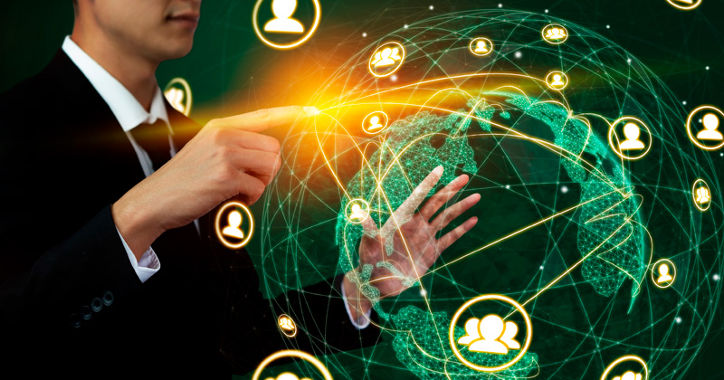 Representación gráfica de una red interconectada de empresas y profesionales colaborando en un ecosistema de valor.